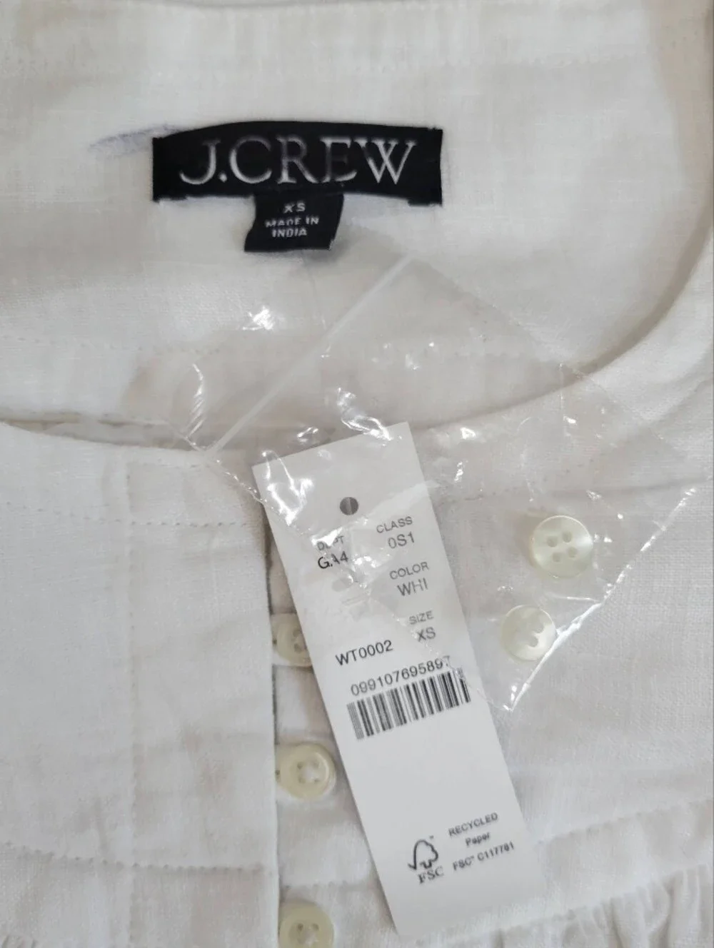 J Crew Gathered popover dress in 100% linen CJ500 Size XS NWT White Lined